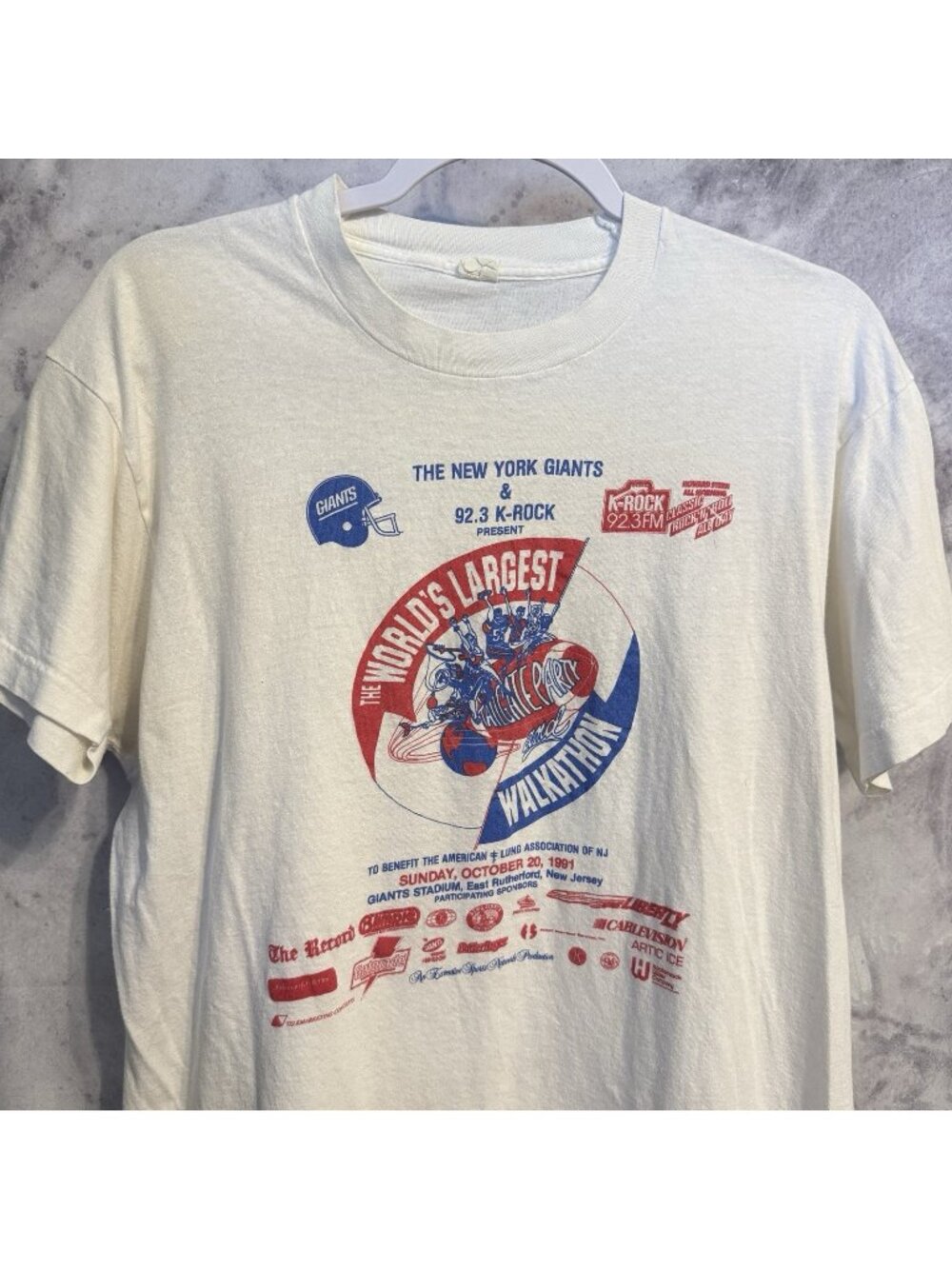 Vintage 90s New York Giants T Shirt White Single Stitch Walkathon Size Medium M